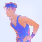  1boy basketball_jersey bishounen brown_eyes brown_hair cowboy_shot earrings hands_on_own_hips highres jewelry lamsledunk looking_at_viewer male_focus miyagi_ryouta pectoral_cleavage pectorals purple_background slam_dunk_(series) smile solo stud_earrings sweat tank_top toned toned_male undercut wavy_hair wristband 