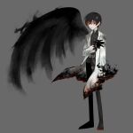  1boy black_gloves black_pants black_shirt black_wings coat e.g.o_(project_moon) embers full_body gloves highres limbus_company long_sleeves male_focus multicolored_hair no_710 pants project_moon redhead shirt single_wing smoke solo standing streaked_hair white_coat wings yi_sang_(project_moon) 
