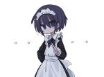  1girl apron black_dress closed_mouth collared_dress cowboy_shot dress frilled_apron frills hair_between_eyes head_tilt kanikan long_sleeves looking_at_viewer maid maid_apron maid_headdress neck_ribbon original purple_hair purple_ribbon ribbon short_hair simple_background solo standing star_(symbol) v violet_eyes white_apron white_background 