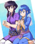  2girls absurdres aged_up betabetamaru black_hair blue_eyes blue_hair blue_pants commentary_request commission fire_emblem fire_emblem:_genealogy_of_the_holy_war flying_sweatdrops gold_trim hair_between_eyes headband highres if_they_mated jewelry larcei_(fire_emblem) long_sleeves looking_at_another mother_and_daughter multiple_girls necklace pants purple_shirt sash seiza shirt short_hair short_hair_with_long_locks short_sleeves sidelocks sitting skeb_commission smile sweatdrop violet_eyes white_headband white_pants 