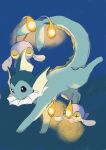  animal_focus antennae blue_background chinchou closed_mouth colored_sclera cross-shaped_pupils glowing highres lxipceluceos5r6 no_humans pokemon pokemon_(creature) symbol-shaped_pupils vaporeon yellow_sclera 