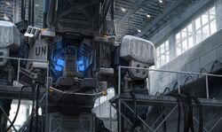  armor artist_name av-98_ingram ben_mauro chair english_text heads-up_display highres kidou_keisatsu_patlabor mecha mecha_focus monitor no_humans open_hatch robot science_fiction shoulder_armor triangle united_nations wire 