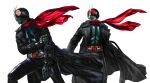  2boys antennae black_coat black_jacket boots bug clenched_hand coat commentary_request compound_eyes full_body glowing glowing_eyes grasshopper hand_on_own_arm helmet highres jacket kamen_rider kamen_rider_(1st_series) kamen_rider_1 kamen_rider_1_(shin) kamen_rider_2 kamen_rider_2_(shin) key_visual long_coat looking_up male_focus masukudo_(hamamoto_hikaru) multiple_boys official_art promotional_art red_eyes red_scarf rider_belt scarf shin_kamen_rider simple_background solo tokusatsu typhoon_(kamen_rider) walking white_background 