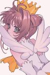  1girl antenna_hair bird blush brown_hair cardcaptor_sakura commentary_request crow gloves green_eyes highres kinomoto_sakura looking_at_viewer magical_girl official_alternate_costume pururu_ru6 shirt short_hair sleeveless smile solo white_background white_gloves white_shirt wings 