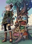  1girl absurdres backpack bag bandaged_hand bandages bathroom bed bow buttons clouds cloudy_sky cover cover_page dragon fantasy full_body green_eyes green_shirt grey_hair hair_bow hammer highres holding holding_hammer holding_wrench house long_hair looking_at_viewer manga_cover map mimic mimic_chest monster mushroom official_art outdoors ponytail red_bow serious shirt sky slime_(creature) smoke soara_to_mamono_no_ie standing toilet tools treasure tree wall_cross-section wrench yamaji_hidenori 