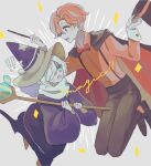  2boys blue_robe bow bowtie cinnamon_cookie cookie_run english_text from_side hair_over_one_eye happy hat heart holding holding_wand humanization long_sleeves magician mamimumemo multiple_boys open_mouth orange_hair personification robe scarf short_hair top_hat wand white_scarf wizard wizard_cookie wizard_hat 