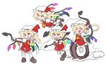  blonde_hair blue_gemstone blush blush_stickers brown_footwear clone closed_eyes closed_mouth collared_shirt flandre_scarlet flying four_of_a_kind_(touhou) frilled_hat frilled_shirt frilled_skirt frilled_sleeves frilled_wristband frills gem green_gemstone hair_between_eyes happy hat hat_ornament hat_ribbon highres holding holding_weapon index_finger_raised jewelry laevatein_(touhou) long_hair mob_cap multiple_girls neckerchief nervous open_mouth orange_gemstone orange_neckerchief pink_gemstone pointing ponytail purple_gemstone red_eyes red_gemstone red_ribbon red_skirt red_vest ribbon running serious shinmon_akika shirt shoes short_sleeves side_ponytail skirt socks sweat sweatdrop touhou vampire vest weapon white_gemstone white_headwear white_shirt white_socks wings wristband 