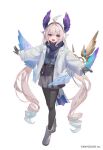  1girl black_gloves black_pantyhose blonde_hair blue_hair blue_scarf coat earmuffs enna_alouette flower full_body gloves gradient_hair grey_coat grey_shirt hair_flower hair_ornament head_wings jpeg_artifacts kobuta low_twintails low_wings mechanical_wings multicolored_hair nijisanji nijisanji_en open_mouth pantyhose purple_wings scarf shirt simple_background smile solo twintails violet_eyes virtual_youtuber white_background white_flower white_wings wings 