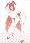  animal_ears bent_over bow bowtie breasts goddess_of_victory:_nikke high_heels highres huge_breasts long_hair one_eye_closed playboy_bunny rabbit_ears rabbit_tail red_eyes red_hood_(nikke) redhead tail white_background yoonsun 