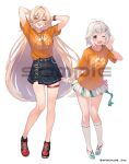  2girls ahoge black_skirt blonde_hair blush bracelet full_body hayama_marin jewelry kurebayashi_noe long_hair multiple_girls nijisanji nui_sociere one_eye_closed orange_shirt red_eyes sample_watermark shirt short_hair skirt socks t-shirt virtual_youtuber watermark white_hair white_skirt white_socks yellow_eyes 