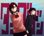  1boy 1girl ayase_momo black_choker black_skirt brown_hair choker dandadan earrings glasses highres jewelry messy_hair pink_sweater pleated_skirt punchingwater red_eyes red_ribbon redhead ribbon round_eyewear school_uniform short_hair skirt sweater takakura_ken_(dandadan) 