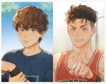  1boy aged_down basketball_hoop basketball_jersey basketball_uniform beckoning bishounen black_wristband blue_shirt brown_eyes brown_hair day earrings fist_bump jewelry looking_at_viewer male_focus miyagi_ryouta multiple_views og_man open_mouth raised_eyebrows red_tank_top red_wristband shirt slam_dunk_(series) smile sportswear stud_earrings sweat tank_top toned toned_male undercut wavy_hair wire_fence 