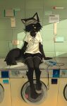  1girl :3 absurdres animal_ear_fluff animal_ears arm_support black_fur black_hair black_shorts body_fur cassette_player commentary crack_of_light day dolphin_shorts earphones earphones fewer_digits full_body furry furry_female goggles goggles_on_head grey_footwear hair_over_one_eye highres hikimayu indoors laundromat looking_at_viewer one_eye_covered original sandals shiiorina shirt shoes short_hair short_sleeves shorts single_barefoot single_shoe sitting smile solo sticky_note symbol-only_commentary t-shirt tail tareme tile_wall tiles washing_machine white_shirt wolf_ears wolf_girl wolf_tail yellow_eyes 