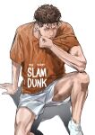  1boy absurdres ankle_socks brown_eyes brown_hair chamuring english_text feet_out_of_frame highres looking_at_viewer male_focus miyagi_ryouta on_ground open_mouth orange_shirt shadow shirt shorts sitting slam_dunk_(series) socks solo toned toned_male undercut wavy_hair white_background white_shorts white_socks wiping_mouth 