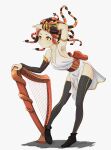  1girl ancient_greek_clothes black_thighhighs commentary english_commentary full_body gauntlets greco-roman_clothes harp highres instrument orange_pupils orange_ribbon original red_eyes ribbon snake snake_hair solo suweeka thigh-highs white_background 