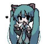  1girl animal_ears aqua_hair aqua_necktie bare_shoulders black_sleeves blush_stickers cat_ears collared_shirt detached_sleeves fake_animal_ears grey_shirt hatsune_miku headset heart kanikan kemonomimi_mode long_hair long_sleeves looking_at_viewer necktie open_mouth paw_pose pixel_art shirt simple_background sleeveless sleeveless_shirt solo standing twintails upper_body very_long_hair vocaloid white_background 