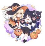  1boy 2girls animal_ear_fluff animal_ears animal_hands black_cat black_hair blonde_hair bow candy cape cat closed_mouth dress fang food fur_trim genshin_impact ghost_costume gloves grin hair_between_eyes halloween halloween_bucket halloween_costume halo hat highres holding lumine_(genshin_impact) ming4 multiple_girls open_mouth orange_eyes paimon_(genshin_impact) paw_gloves scaramouche_(cat)_(genshin_impact) scaramouche_(genshin_impact) shirt short_hair_with_long_locks shorts smile star_(symbol) striped striped_thighhighs tail thigh-highs white_shirt witch_hat 