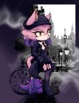  1girl animal_ears black_footwear black_gloves black_headwear black_necktie black_thighhighs blaze_the_cat cat_ears cat_girl cat_tail eyelashes flower forehead_jewel gloves hair_down hat highres jacket necktie open_clothes open_jacket photo_background pocket_watch purple_fur rfts10919 rose skirt sonic_(series) tail thigh-highs watch yellow_eyes 