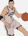  1boy armband ball basketball basketball_(object) basketball_jersey basketball_uniform black_armband black_hair buzz_cut cowboy_shot dribbling_(basketball) grey_background grey_eyes holding holding_ball jersey kukig8765 looking_at_viewer male_focus sawakita_eiji short_hair shorts slam_dunk_(series) smile solo sportswear tank_top toned toned_male very_short_hair white_shorts white_tank_top 