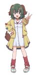  1girl :3 animal_ears aqua_eyes bone_hair_ornament bracelet brown_fur collar cosplay dog_ears dog_tail dress full_body green_hair hair_ornament hand_on_own_hip hololive inugami_korone inugami_korone_(1st_costume) inugami_korone_(cosplay) jacket jewelry kasodani_kyouko looking_at_viewer loose_socks off_shoulder open_clothes open_jacket open_mouth red_collar red_socks shoes short_hair simple_background sleeveless sleeveless_dress sneakers socks solo tail touhou v white_background white_dress wool_(miwol) yellow_jacket 
