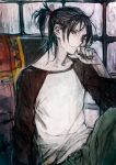  1boy black_hair commentary_request expressionless high_ponytail highres knee_up looking_at_viewer male_focus medium_hair nezumi_(no.6) no.6 profile sitting sketch solo toi8 upper_body violet_eyes window 