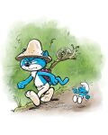  2boys azrael_(the_smurfs) blue_skin closed_eyes colored_skin english_text highres meme multiple_boys official_art open_mouth pants peyo_(style) phyrgian_cap pointing signature smurf smurf_cat_(meme) snail tail the_smurfs walking watermark white_headwear white_pants 