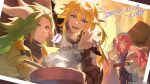  ! 1girl 2boys alberius_(dragalia_lost) artist_request beret blod bowl chest_strap commentary_request cooking copyright_name dragalia_lost dragon_horns green_eyes green_hair hat holding holding_bowl holding_ladle horns humanoid_midgardsormr_(dragalia_lost) ladle looking_at_another looking_at_food multiple_boys myriam_(dragalia_lost) official_art open_mouth photo_(object) red_eyes redhead smile speech_bubble spoon steam steaming_food tent 
