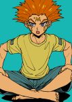 1boy absurdres annoyed barefoot blue_background blue_eyes blue_shorts crossed_legs crow_hogan facial_mark facial_tattoo facing_viewer flat_color forehead_mark hands_on_own_knees highres leaning_forward male_focus marking_on_cheek open_mouth orange_hair shirt shorts simple_background solo spiky_hair t-shirt tattoo thick_eyebrows yellow_shirt youko-shima yu-gi-oh! yu-gi-oh!_5d&#039;s 