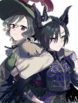  2girls air_shakur_(belphegor&#039;s_prime)_(umamusume) air_shakur_(umamusume) animal_ears black_hair black_jacket breasts brown_hair brown_shirt cape closed_mouth eyebrow_piercing feathered_wings fig_(lchijiku) green_headwear hand_on_own_hip hat hat_feather heterochromia highres horns horse_ears jacket long_sleeves looking_at_viewer low_wings multiple_girls neck_ribbon pants piercing pink_eyes puffy_long_sleeves puffy_sleeves ribbon shirt short_hair simple_background small_breasts smile tap_dance_city_(proudly_yo-ho!)_(umamusume) tap_dance_city_(umamusume) torn_cape torn_clothes umamusume upper_body violet_eyes white_background wings yellow_eyes 