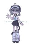  1girl ahoge animal_ears bandaid bandaid_on_leg bell black_skirt blue_necktie cat_ears cat_girl cat_tail collared_shirt fang full_body grey_hair hair_between_eyes hair_bobbles hair_ornament hand_up jingle_bell kanikan looking_at_viewer loose_socks low_twintails maid_headdress medium_hair miniskirt neck_bell necktie nyan open_mouth original pleated_skirt shirt shoes simple_background skirt sleeveless sleeveless_shirt socks solo spread_fingers standing tail translated twintails uwabaki violet_eyes watch watch white_background white_footwear white_shirt white_socks 