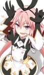  1boy animal_ears astolfo_(fate) astolfo_(saber)_(fate) astolfo_(saber)_(third_ascension)_(fate) black_bow black_gloves black_ribbon blush bow bowtie donutman dress fake_animal_ears fang fate/grand_order fate_(series) gloves hair_bow hair_intakes hair_ribbon heart highres long_hair long_sleeves looking_at_viewer male_focus multicolored_hair otoko_no_ko pink_hair rabbit_ears rabbit_pose ribbon skin_fang solo streaked_hair twintails violet_eyes white_hair wing_collar 