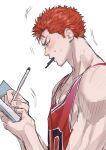  1boy absurdres basketball_jersey bishounen black_eyes blush book chamuring earrings highres holding holding_book holding_pen jewelry looking_down male_focus open_mouth pectoral_cleavage pectorals pen pen_in_mouth profile red_tank_top redhead sakuragi_hanamichi short_hair slam_dunk_(series) solo stud_earrings tank_top toned toned_male upper_body white_background writing 