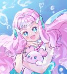  1girl :d animal blue_eyes blush bracelet commentary_request hair_ornament heart highres holding holding_animal jewelry kururun_(precure) laura_la_mer long_hair looking_at_viewer magical_girl mermaid monster_girl open_mouth pearl_hair_ornament pink_hair precure seal_(animal) simple_background smile solo sorashinakei_k tropical-rouge!_precure underwater 