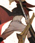  1boy black_hair chamsut0905 coat dracule_mihawk facing_away fedora fighting_stance from_behind hat highres holding holding_sword holding_weapon male_focus no_shirt one_piece open_clothes open_coat pants running short_hair solo sword weapon yoru_(sword) 