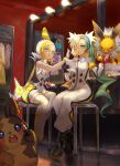  2girls ;o absurdres black_gloves boots buttons commentary_request electric_miku_(project_voltage) eyelashes gloves glowing green_eyes green_hair hands_up hatsune_miku highres holding holding_paper indoors jolteon jumpsuit kagamine_rin light_bulb long_hair long_sleeves mirror morpeko morpeko_(full) multiple_girls necktie one_eye_closed paper pokemon pokemon_(creature) project_voltage rotom rotom_(normal) salmontea sitting stool thigh_boots twintails vocaloid 