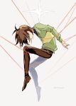  1other androgynous antenna_hair bound brown_footwear brown_hair brown_pants closed_eyes deltarune entangled from_side full_body green_sweater highres knee_up kris_(deltarune) loafers long_sleeves other_focus pants profile shaded_face shoes short_hair simple_background solo sonokare sparkle string string_of_fate suspension sweater tied_up_(nonsexual) twitter_username yellow_background 