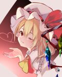  1girl absurdres ascot blonde_hair collared_shirt crystal crystal_wings flandre_scarlet frilled_shirt_collar frills hat heart highres looking_at_viewer medium_hair mob_cap one_eye_closed open_hand r_utchi red_background red_eyes red_vest shirt slit_pupils smile solo tagme touhou vest white_background white_headwear white_shirt wings yellow_ascot 