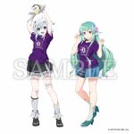  2girls bandaged_arm bandages black_skirt blue_eyes blue_hair fang finana_ryugu fins flower full_body green_footwear green_hair grey_hair hair_flower hair_ornament head_fins kanbe_piroshiki multicolored_hair multiple_girls neck_tattoo nijisanji nijisanji_en official_art open_mouth penguin_hair_ornament purple_flower purple_shirt sample_watermark shirt shorts skirt smile socks streaked_hair t-shirt tattoo violet_eyes virtuareal watermark white_socks yua_(virtuareal) 