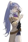  1girl alternate_costume ascot blue_eyes blue_hair brown_jacket brown_sleeves closed_mouth detective fu_hua fu_hua_(hawk_of_the_yard) fu_hua_(valkyrie_accipiter) gradient_bow grey_hair hair_between_eyes hairdressing high_ponytail highres honkai_(series) honkai_impact_3rd jacket long_hair official_alternate_costume ponytail purple_ascot solo tying_hair wangchuanjiyu323 white_background 