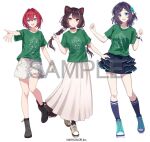  3girls aiba_uiha ange_katrina black_choker blue_eyes blue_footwear blue_shirt bracelet braid choker dog_hair_ornament full_body green_shirt hair_intakes hair_ornament heterochromia inui_toko jewelry long_hair long_skirt medium_hair mole mole_under_eye multiple_girls nijisanji official_art purple_hair red_eyes redhead sample_watermark shirt short_hair shorts simple_background siokazunoko skirt smile socks t-shirt twin_braids watermark white_background white_shorts white_skirt yellow_eyes 