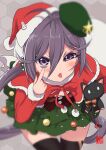  1girl :p ahoge akanbe akebono_(kancolle) capelet eyelid_pull finger_to_eye hair_ornament hat kantai_collection long_hair purple_hair red_capelet santa_costume santa_hat side_ponytail solo stuffed_animal stuffed_cat stuffed_toy sumeragi_hamao thigh-highs tongue tongue_out very_long_hair violet_eyes 