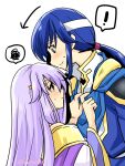 ! 1boy 1girl blue_eyes blue_hair blush brother_and_sister circlet dress fire_emblem fire_emblem:_genealogy_of_the_holy_war headband holding implied_incest incest julia_(fire_emblem) long_hair looking_at_another looking_down looking_up ponytail purple_hair seliph_(fire_emblem) siblings simple_background spoken_expression violet_eyes white_headband yukia_(firstaid0)