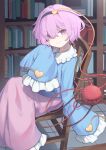  1girl black_hairband blue_jacket bookshelf garasuno hairband highres jacket komeiji_satori long_skirt looking_at_viewer pink_eyes pink_hair pink_skirt short_hair sitting skirt sleeves_past_fingers sleeves_past_wrists smile solo touhou wooden_chair 