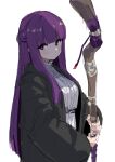  1girl absurdres blunt_bangs breasts fern_(sousou_no_frieren) highres holding holding_staff long_hair looking_at_viewer ocha_(popopogg) purple_hair robe simple_background solo sousou_no_frieren staff violet_eyes white_background 