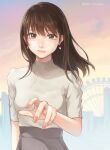  1girl brown_eyes brown_hair earrings ferris_wheel grey_shirt highres jewelry looking_at_viewer manicure medium_hair nail_polish orange_sky original realistic setu_kurokawa shirt sky 