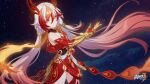  1girl bare_shoulders chinese_clothes chinese_commentary clenched_hand closed_mouth detached_sleeves eyeliner fu_hua fu_hua_(garuda) highres honkai_(series) honkai_impact_3rd long_hair makeup multicolored_hair official_art official_wallpaper red_eyeliner red_eyes red_sleeves sky solo space spoilers streaked_hair twintails very_long_hair white_hair 