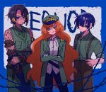  1girl 2boys barbed_wire black_eyes black_hair braid brown_hair coat collared_shirt commentary english_commentary full-body_tattoo gloves green_coat green_eyes green_skirt harpoon hat heathcliff_(project_moon) highres ishmael_(project_moon) knot limbus_company long_hair military_hat multiple_boys open_clothes open_coat orange_hair peaked_cap pmchell_04 project_moon prosthesis prosthetic_arm rope scar scar_on_cheek scar_on_face shirt short_hair skirt suspenders tattoo violet_eyes wavy_hair white_gloves white_shirt yi_sang_(project_moon) 