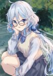  1girl ahoge alternate_costume blue_eyes blue_hair collared_shirt commentary_request furina_(genshin_impact) genshin_impact glasses grey_hair grey_skirt hair_between_eyes hand_up head_rest heterochromia karappo_(poket12) long_hair long_sleeves looking_at_viewer multicolored_hair open_mouth pleated_skirt school_uniform shirt skirt solo squatting streaked_hair sweater white_shirt yellow_sweater 