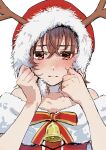  1girl absurdres aic_oekaki alternate_costume antlers averting_eyes bare_shoulders bell blush brown_eyes brown_hair collarbone crossed_bangs dress fake_antlers fur-trimmed_dress fur-trimmed_headwear fur_trim hair_between_eyes hands_up highres jingle_bell looking_at_viewer misaka_mikoto off-shoulder_dress off_shoulder red_dress red_headwear reindeer_antlers short_hair solo toaru_kagaku_no_railgun toaru_majutsu_no_index upper_body white_background 