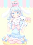  1girl :3 animal animal_ears animal_on_shoulder blouse blue_bow blue_eyes blue_hair blue_ribbon blush bow bubble_skirt cinnamon_roll cinnamoroll commentary cup curly_hair dog dog_ears dog_on_shoulder dress droopy_ears earrings food food-themed_clothes food-themed_hair_ornament frilled_shirt frilled_wrist_cuffs frills hair_ornament hands_up holding holding_food jewelry medium_hair neckerchief personification peter_pan_collar pink_headwear pink_neckerchief pointing pointing_at_self pointing_up pom_pom_(clothes) pom_pom_earrings ponfuta puffy_short_sleeves puffy_sleeves ribbon sanrio shirt short_sleeves simple_background skirt smile solo star_(symbol) suspender_skirt suspenders upper_body white_wrist_cuffs wrist_cuffs yellow_background 